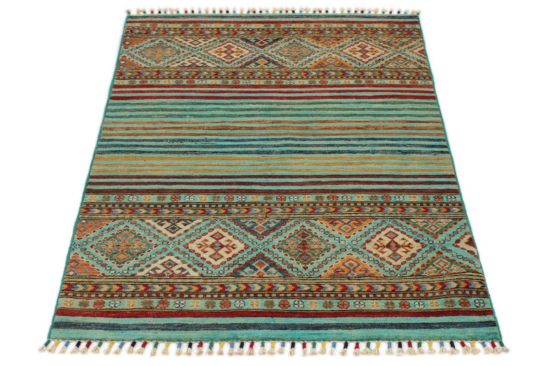 3x5 Green and Multicolor Tribal Rug