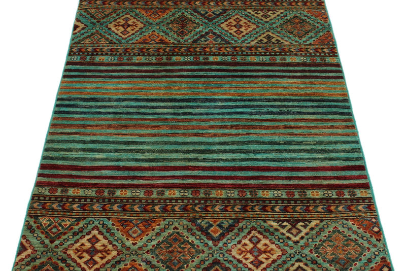 3x5 Green and Multicolor Tribal Rug