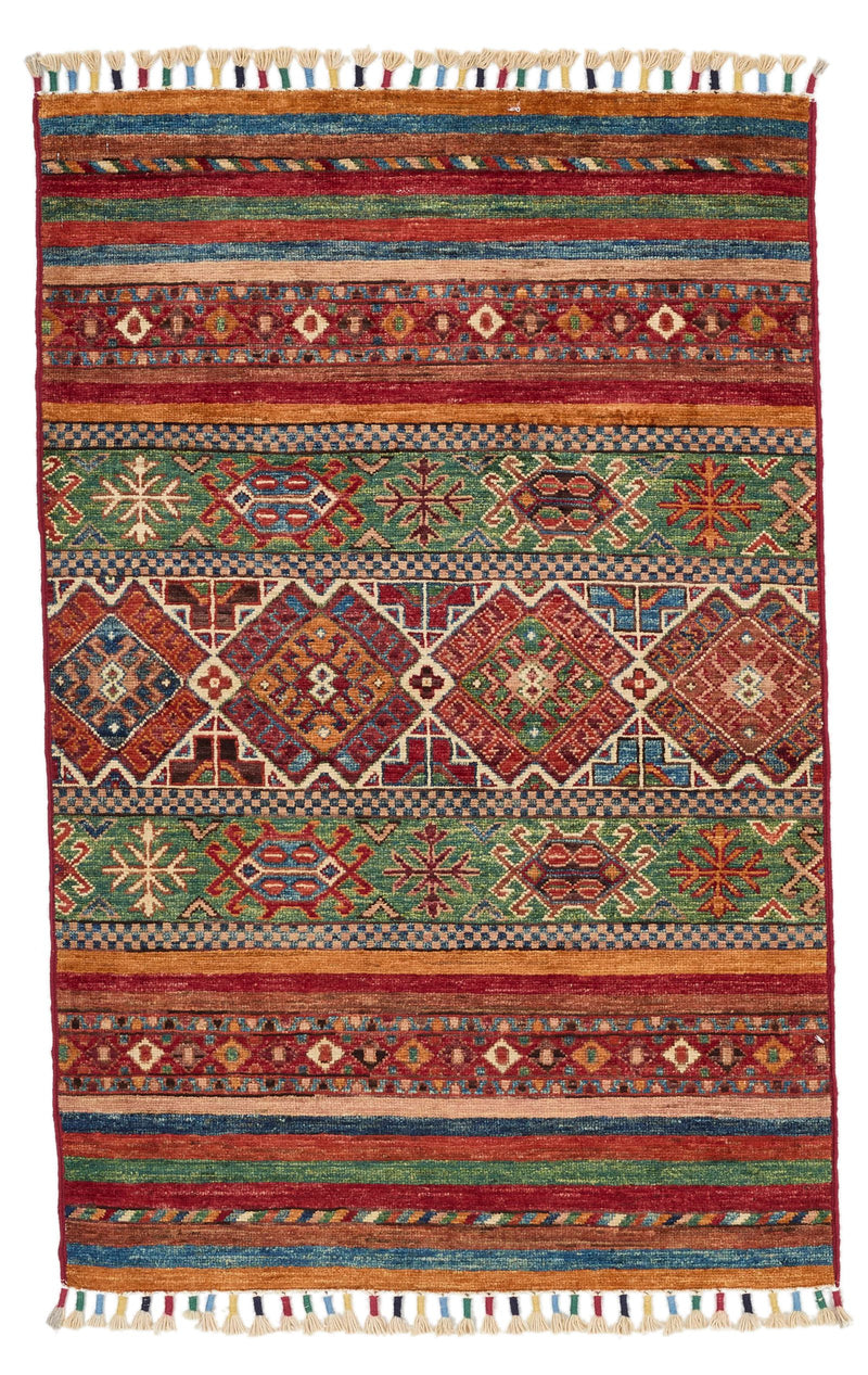 3x4 Green and Multicolor Tribal Rug