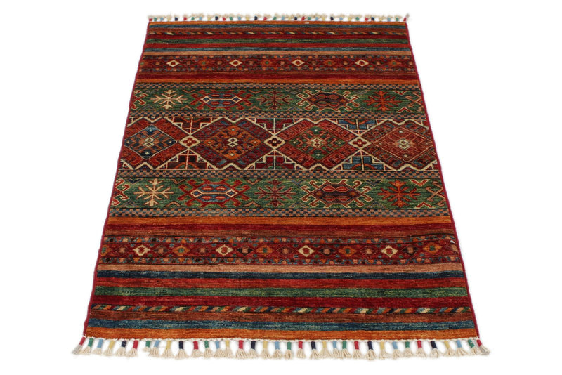 3x4 Green and Multicolor Tribal Rug