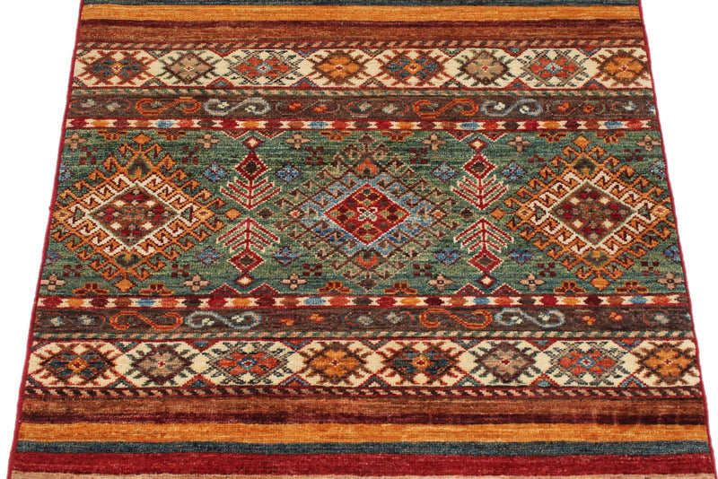 3x4 Green and Multicolor Tribal Rug