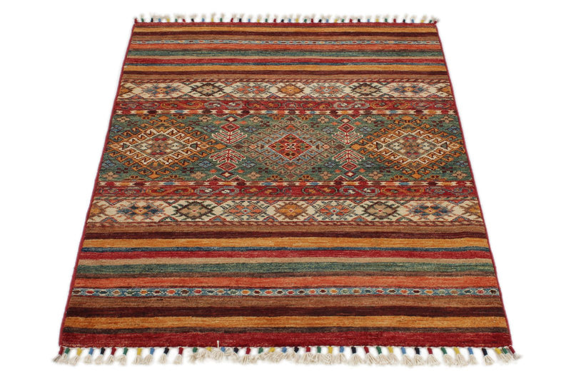 3x4 Green and Multicolor Tribal Rug