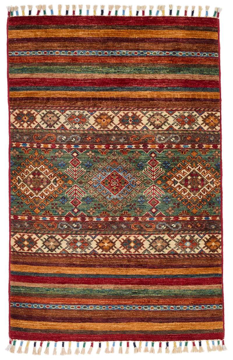 3x4 Green and Multicolor Tribal Rug