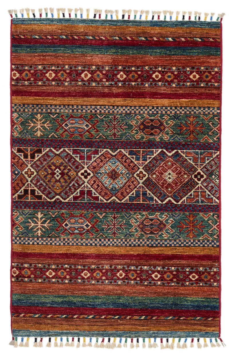 3x4 Green and Multicolor Tribal Rug