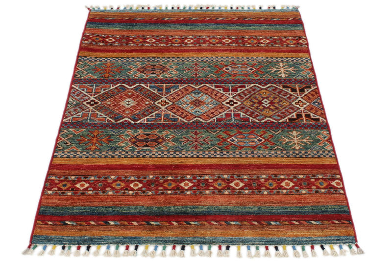 3x4 Green and Multicolor Tribal Rug