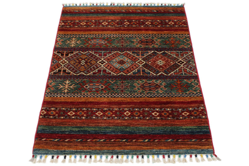 3x4 Green and Multicolor Tribal Rug