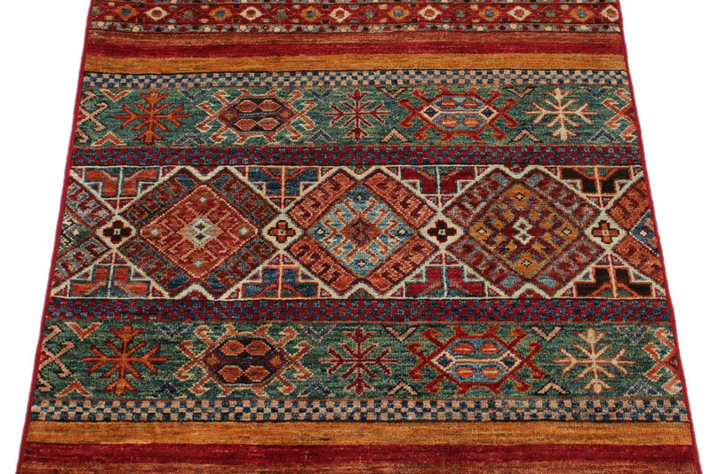 3x4 Green and Multicolor Tribal Rug