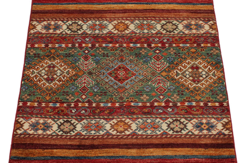 3x4 Green and Multicolor Tribal Rug