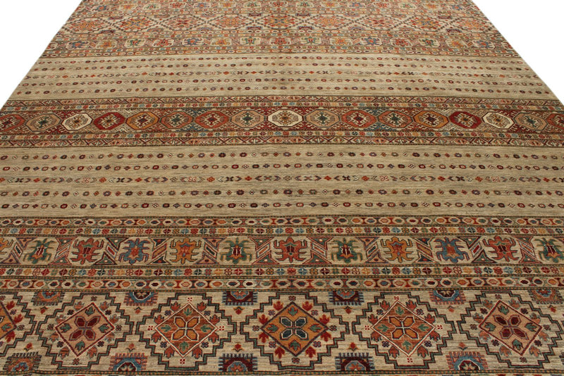 10x13 Camel and Multicolor Tribal Rug