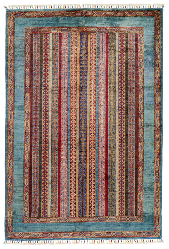 4x6 Blue and Multicolor Turkish Tribal Rug