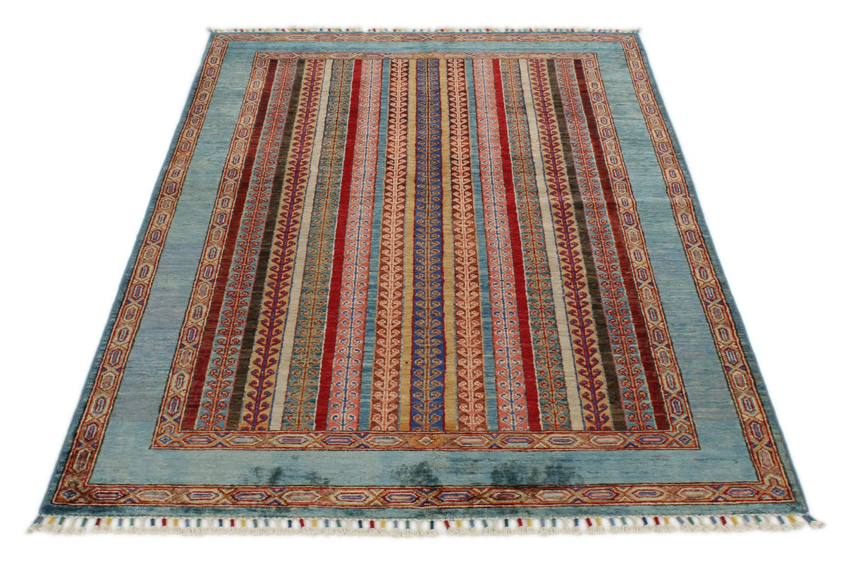 4x6 Blue and Multicolor Turkish Tribal Rug
