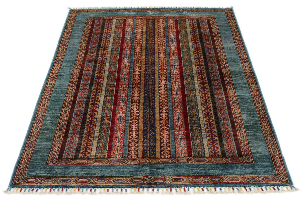 4x6 Blue and Multicolor Turkish Tribal Rug