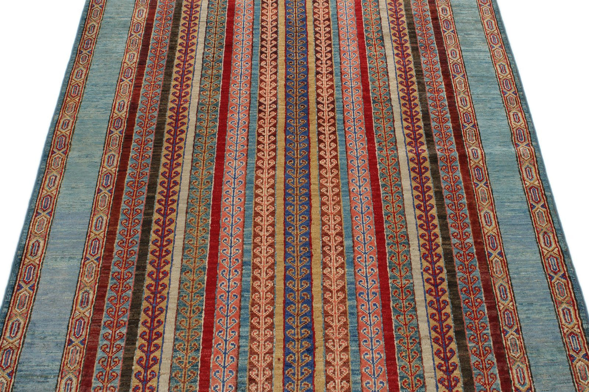 4x6 Blue and Multicolor Turkish Tribal Rug