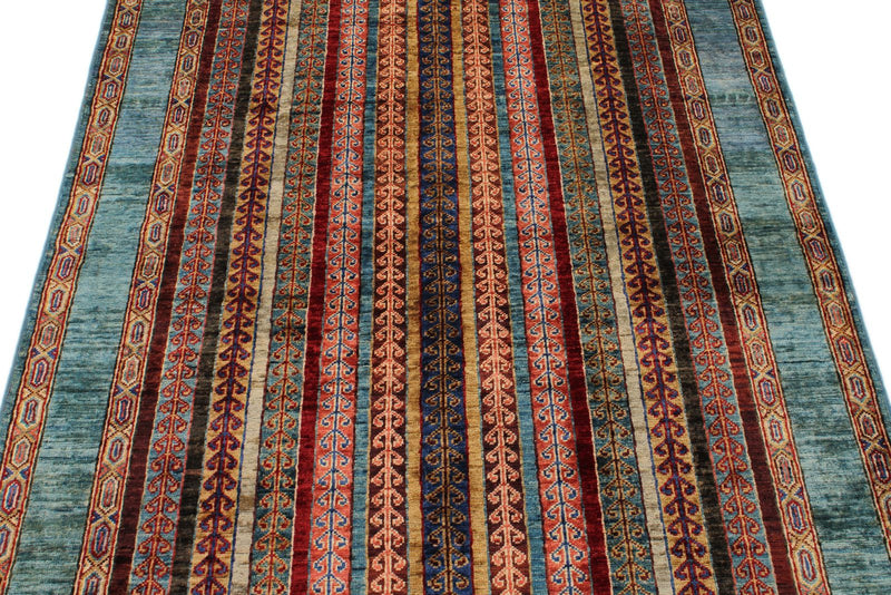 4x6 Blue and Multicolor Turkish Tribal Rug
