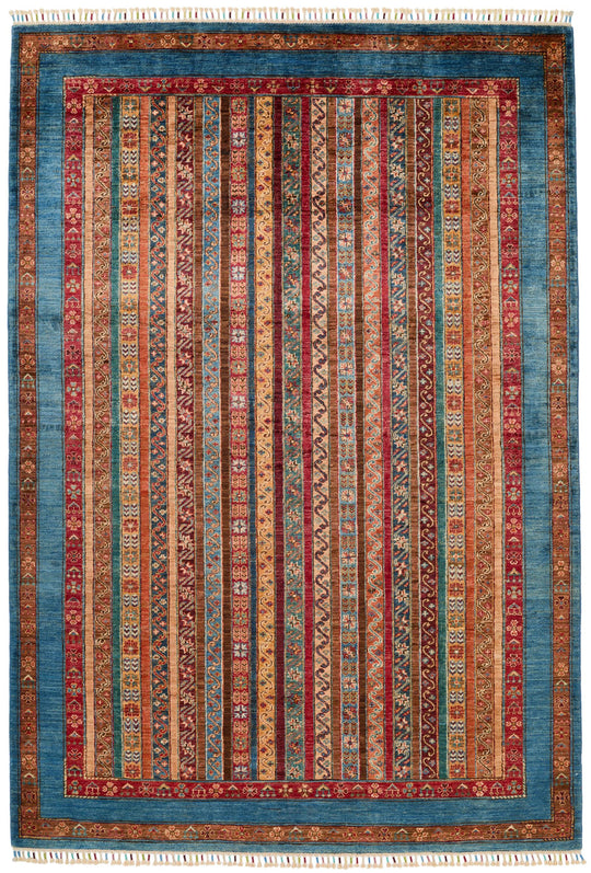 6x9 Multicolor and Blue Turkish Tribal Rug