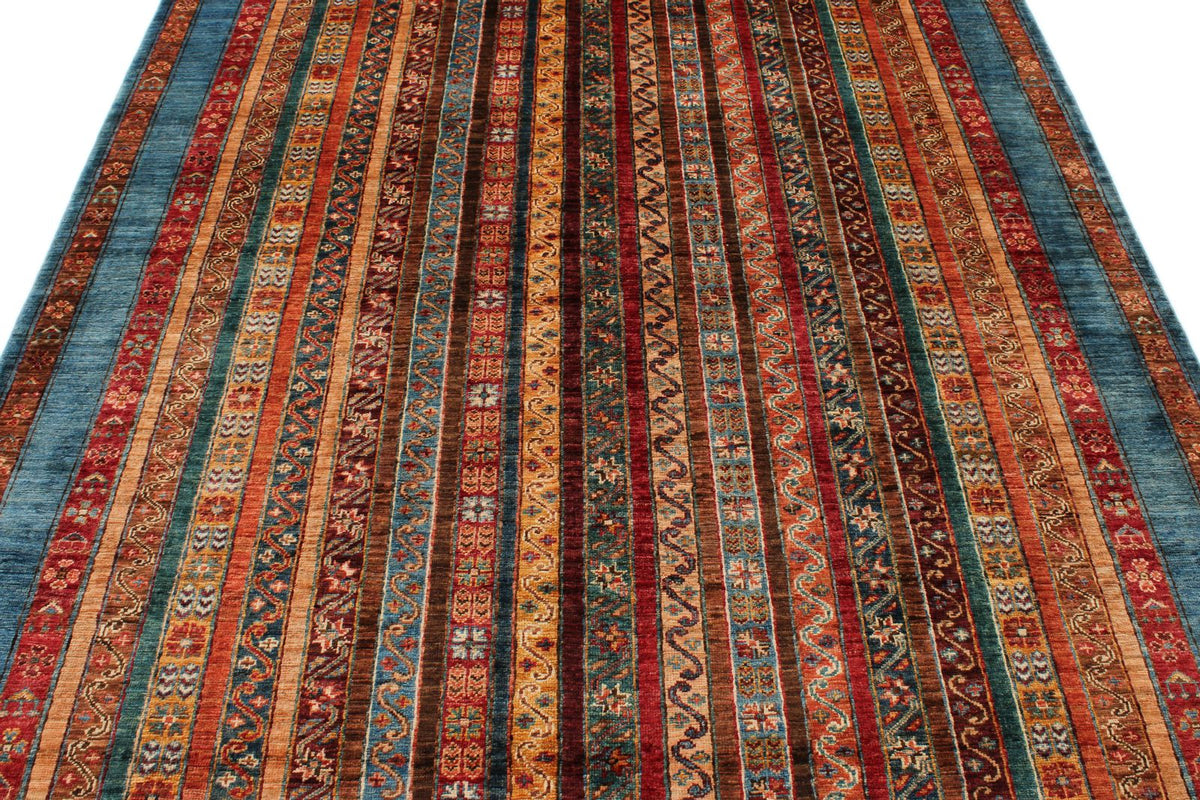 6x9 Multicolor and Blue Turkish Tribal Rug