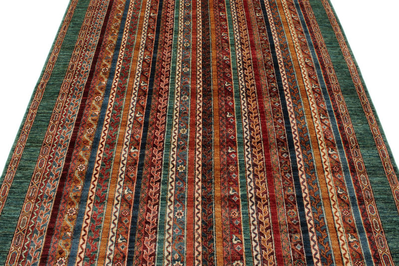 6x8 Multicolor and Green Turkish Tribal Rug