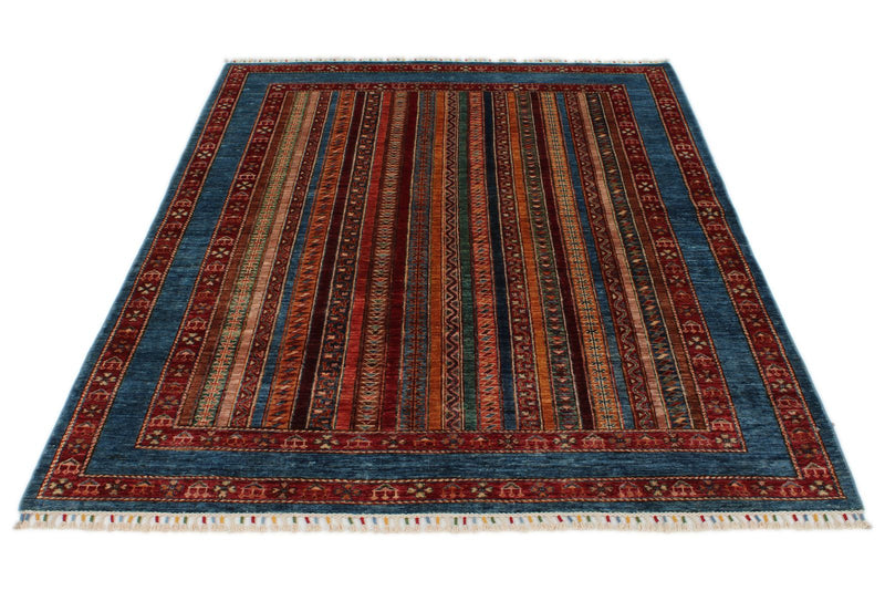 5x7 Multicolor and Blue Turkish Tribal Rug