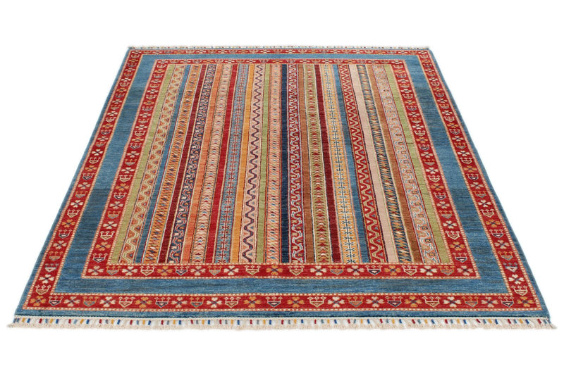5x6 Multicolor and Blue Turkish Tribal Rug