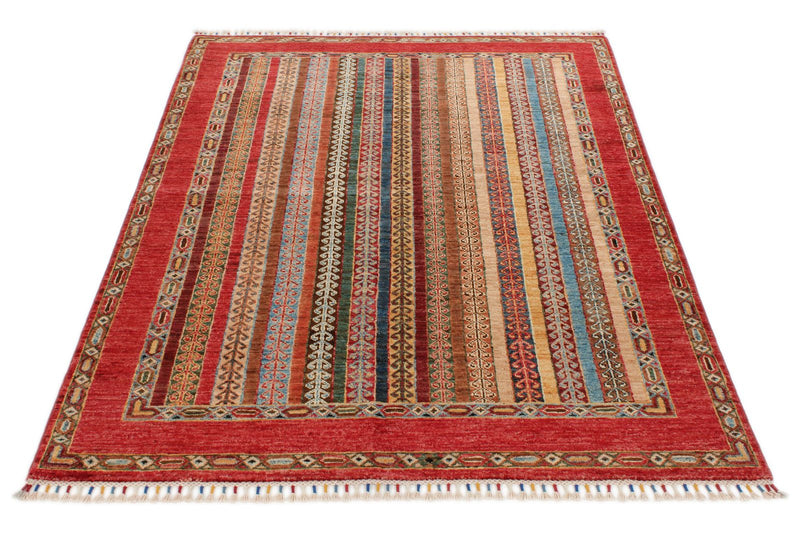 4x6 Multicolor and Red Turkish Tribal Rug