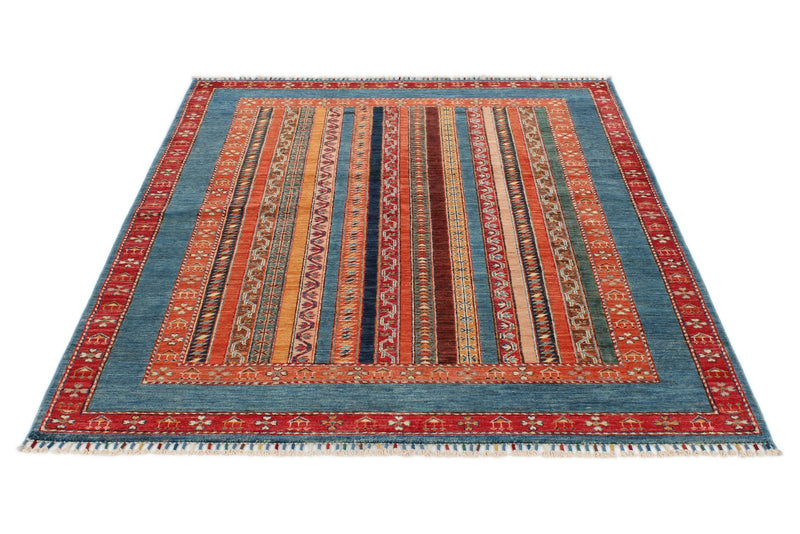 5x6 Multicolor and Blue Turkish Tribal Rug