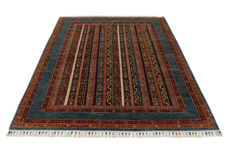 5x7 Multicolor and Blue Turkish Tribal Rug
