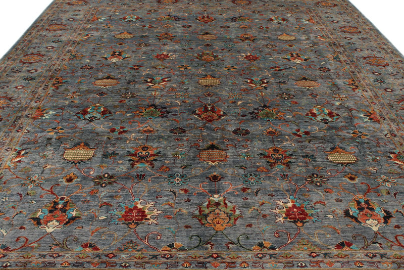 10x13 Gray and Multicolor Turkish Tribal Rug