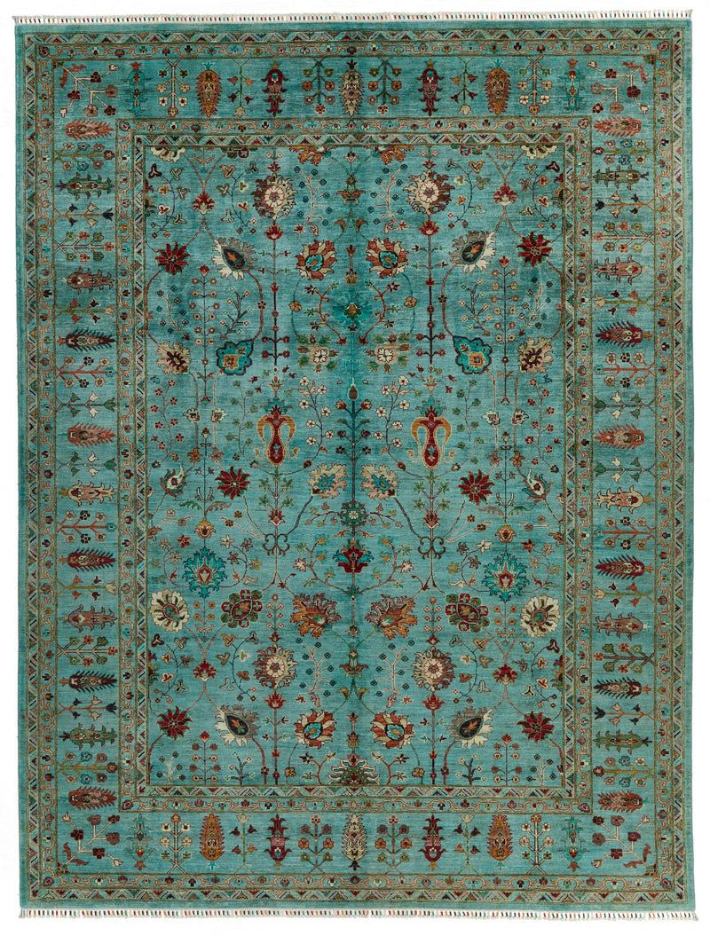9x12 Turquoıse and Multicolor Turkish Tribal Rug