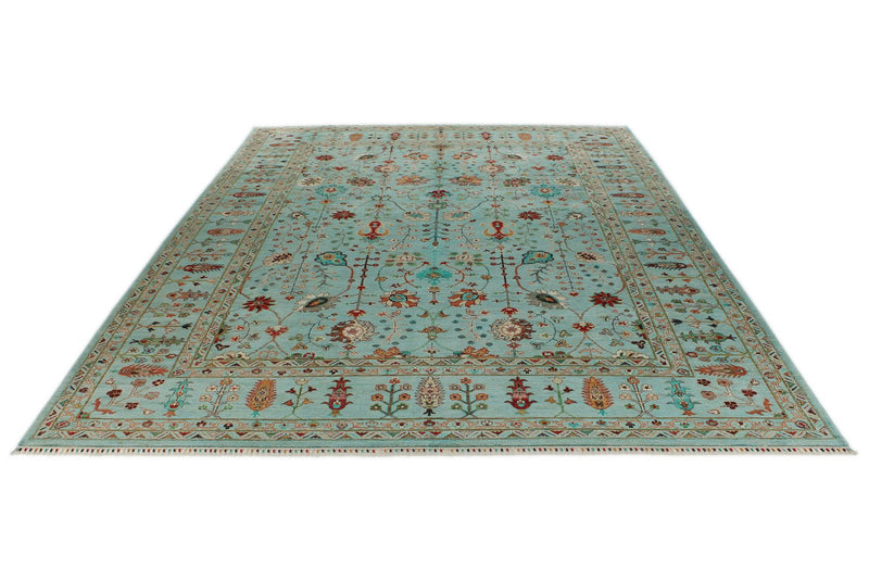 9x12 Turquoıse and Multicolor Turkish Tribal Rug