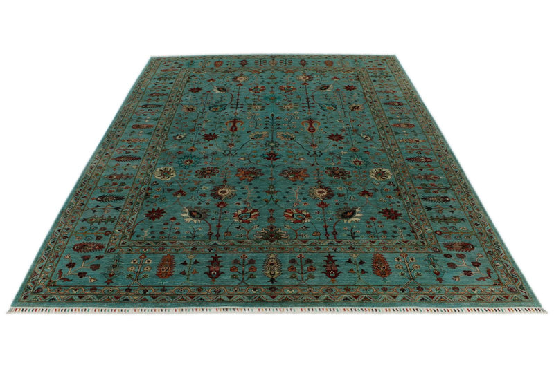 9x12 Turquoıse and Multicolor Turkish Tribal Rug