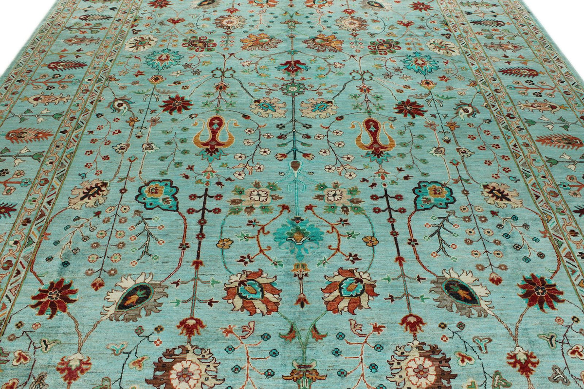 9x12 Turquoıse and Multicolor Turkish Tribal Rug
