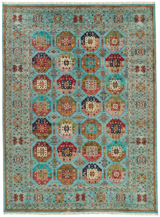 9x12 Light Blue and Multicolor Turkish Tribal Rug