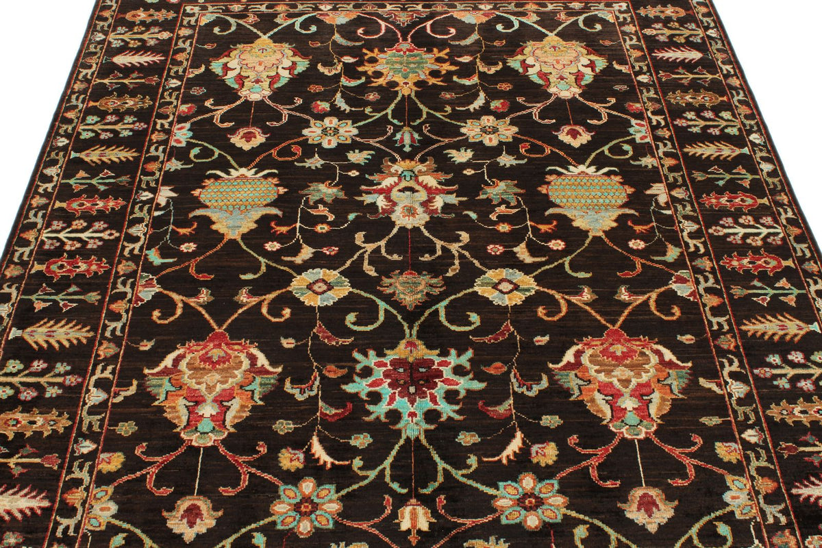 5x7 Dark Brown and Multicolor Turkish Tribal Rug