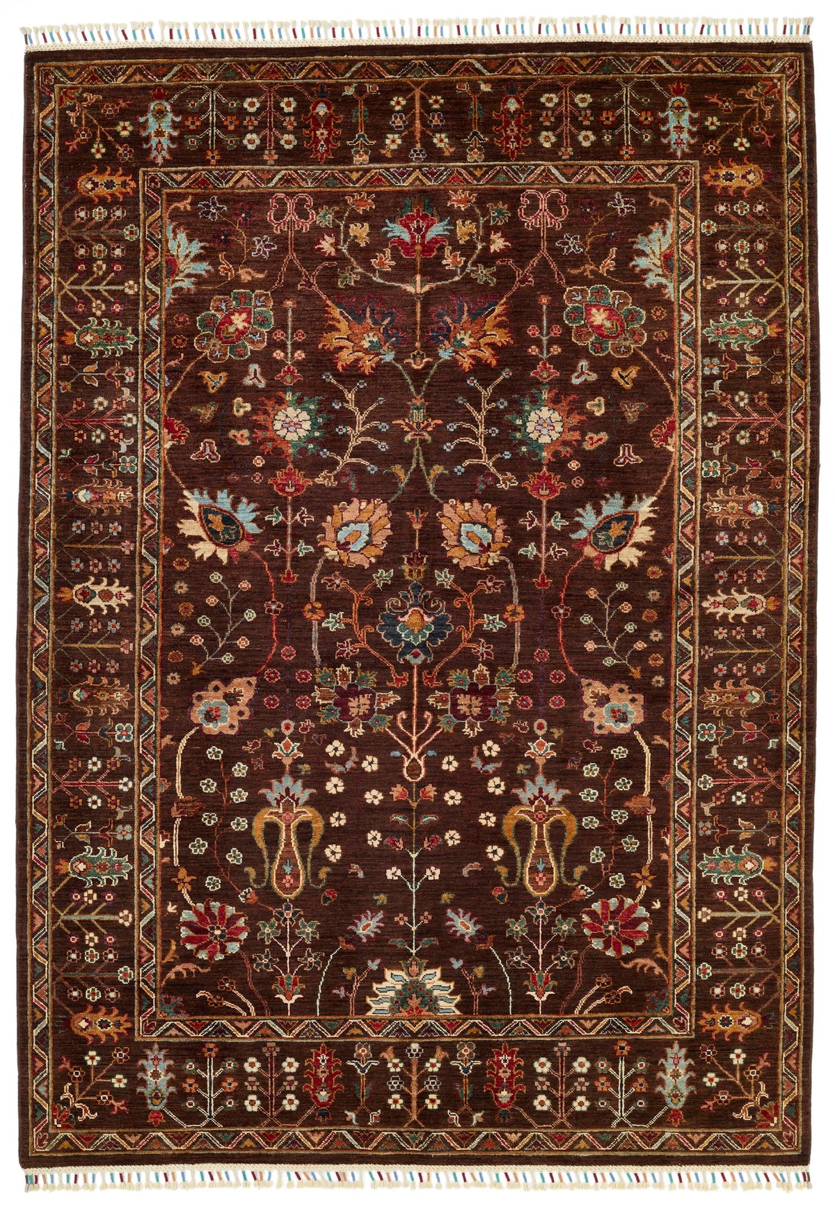 5x8 Brown and Multicolor Turkish Tribal Rug