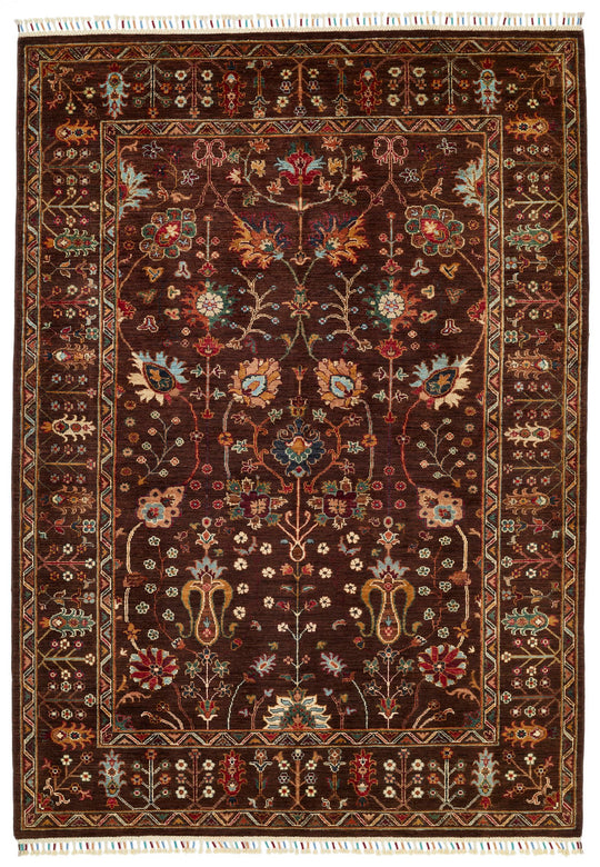 5x8 Brown and Multicolor Turkish Tribal Rug