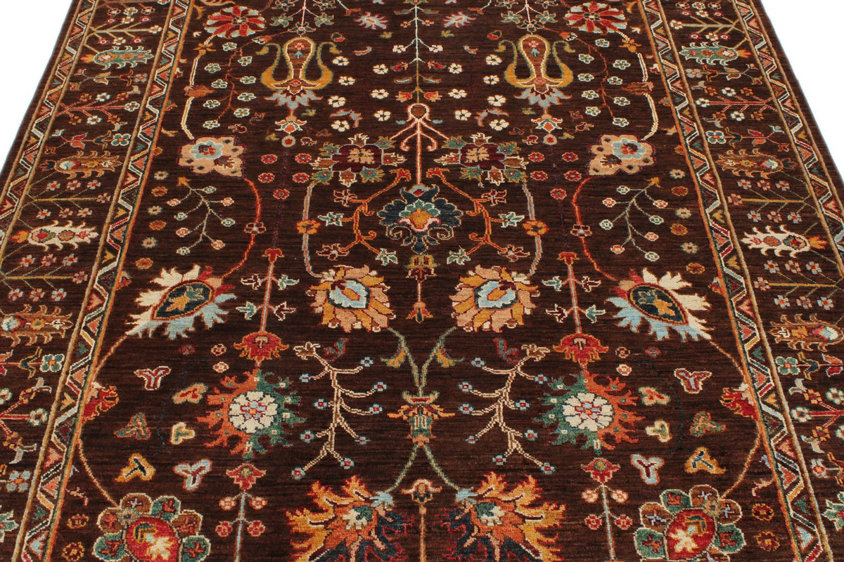5x8 Brown and Multicolor Turkish Tribal Rug