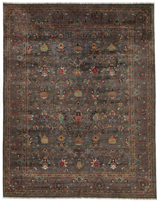 10x13 Dark Brown and Multicolor Turkish Tribal Rug