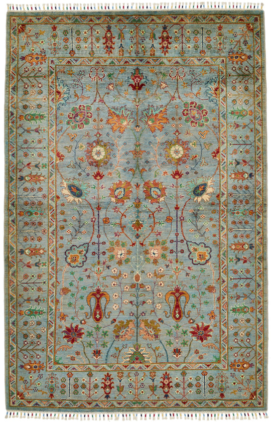 6x9 Light Blue and Multicolor Turkish Tribal Rug