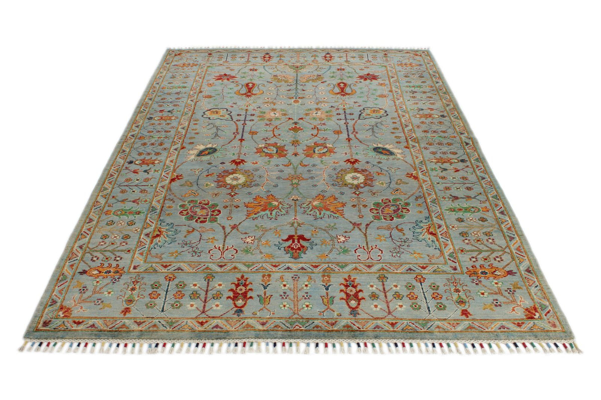 6x9 Light Blue and Multicolor Turkish Tribal Rug