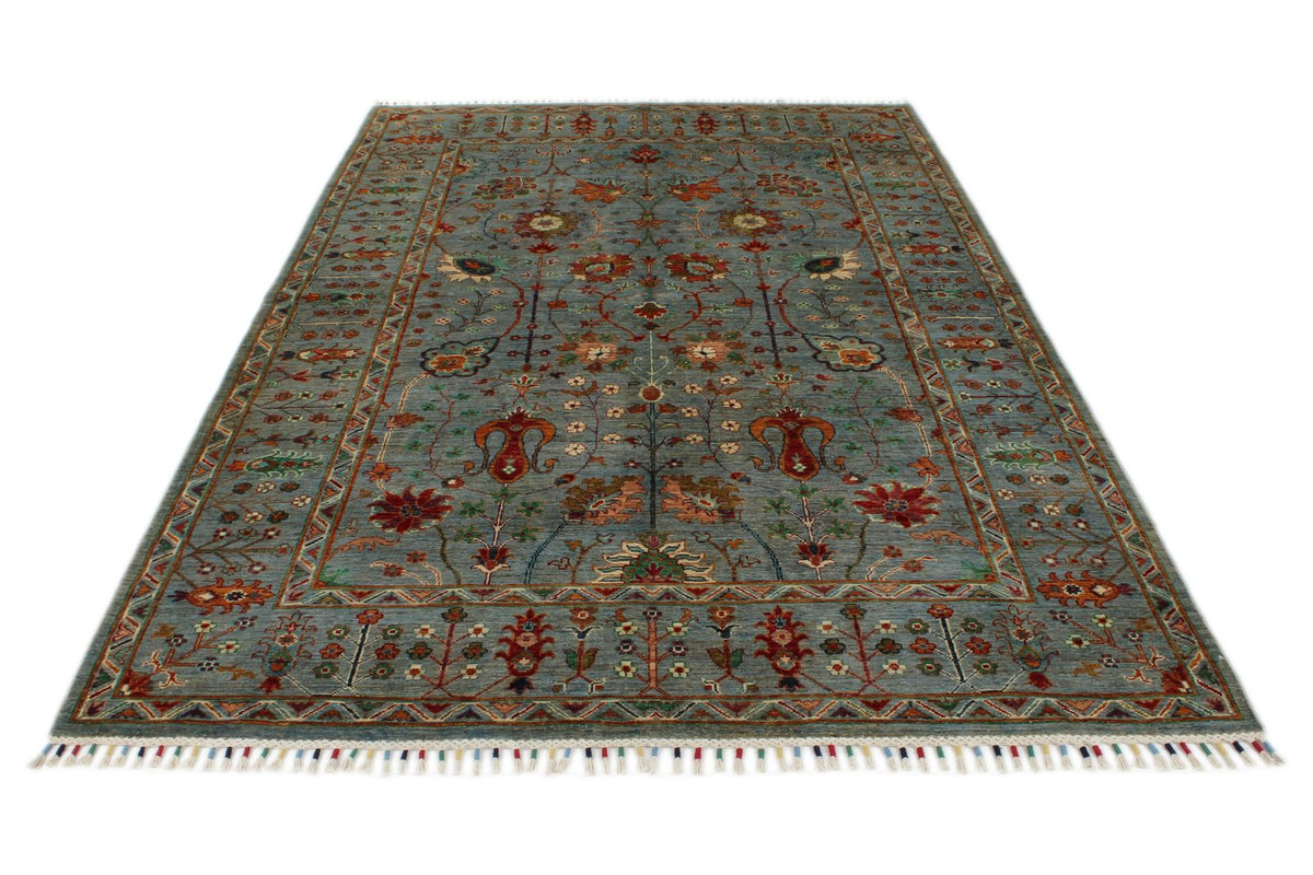 6x9 Light Blue and Multicolor Turkish Tribal Rug