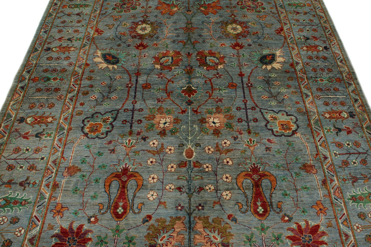6x9 Light Blue and Multicolor Turkish Tribal Rug
