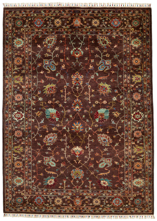 6x8 Dark Brown and Multicolor Turkish Tribal Rug