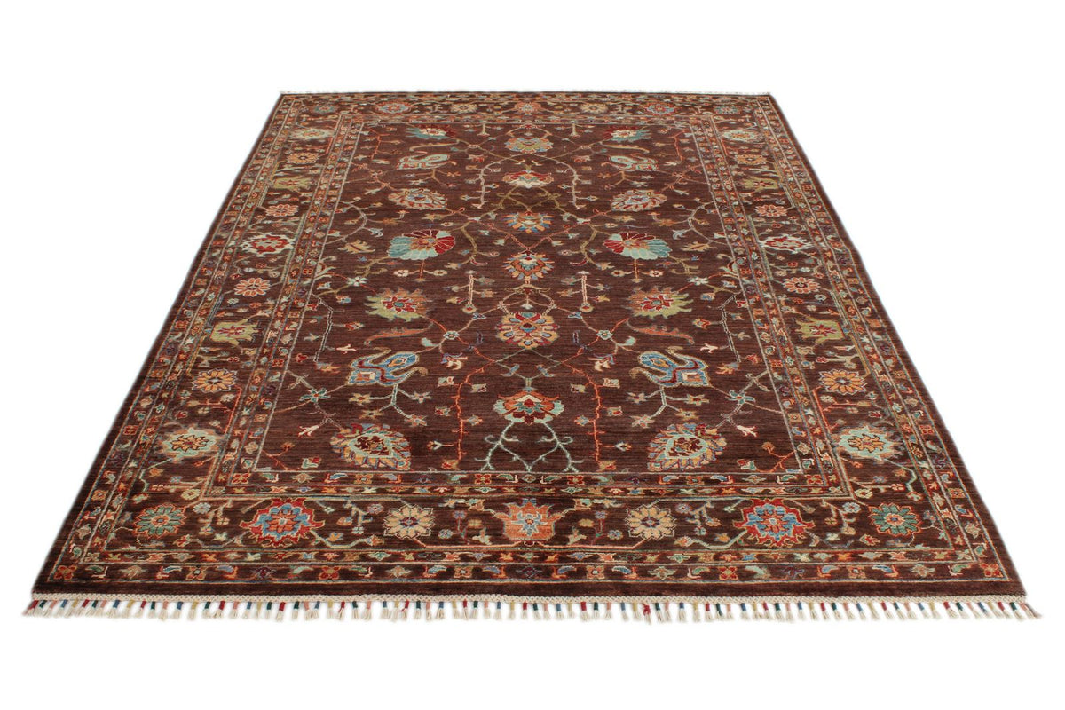 6x8 Dark Brown and Multicolor Turkish Tribal Rug