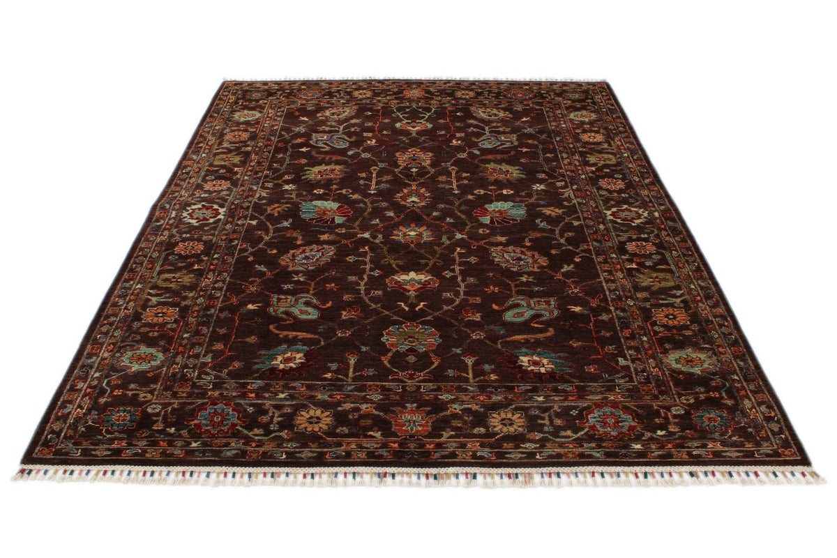 6x8 Dark Brown and Multicolor Turkish Tribal Rug