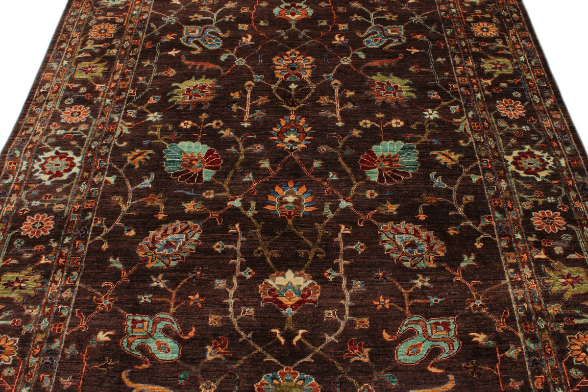 6x8 Dark Brown and Multicolor Turkish Tribal Rug