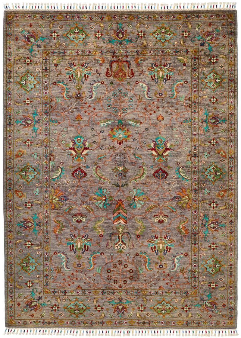 6x8 Light Brown and Multicolor Turkish Tribal Rug