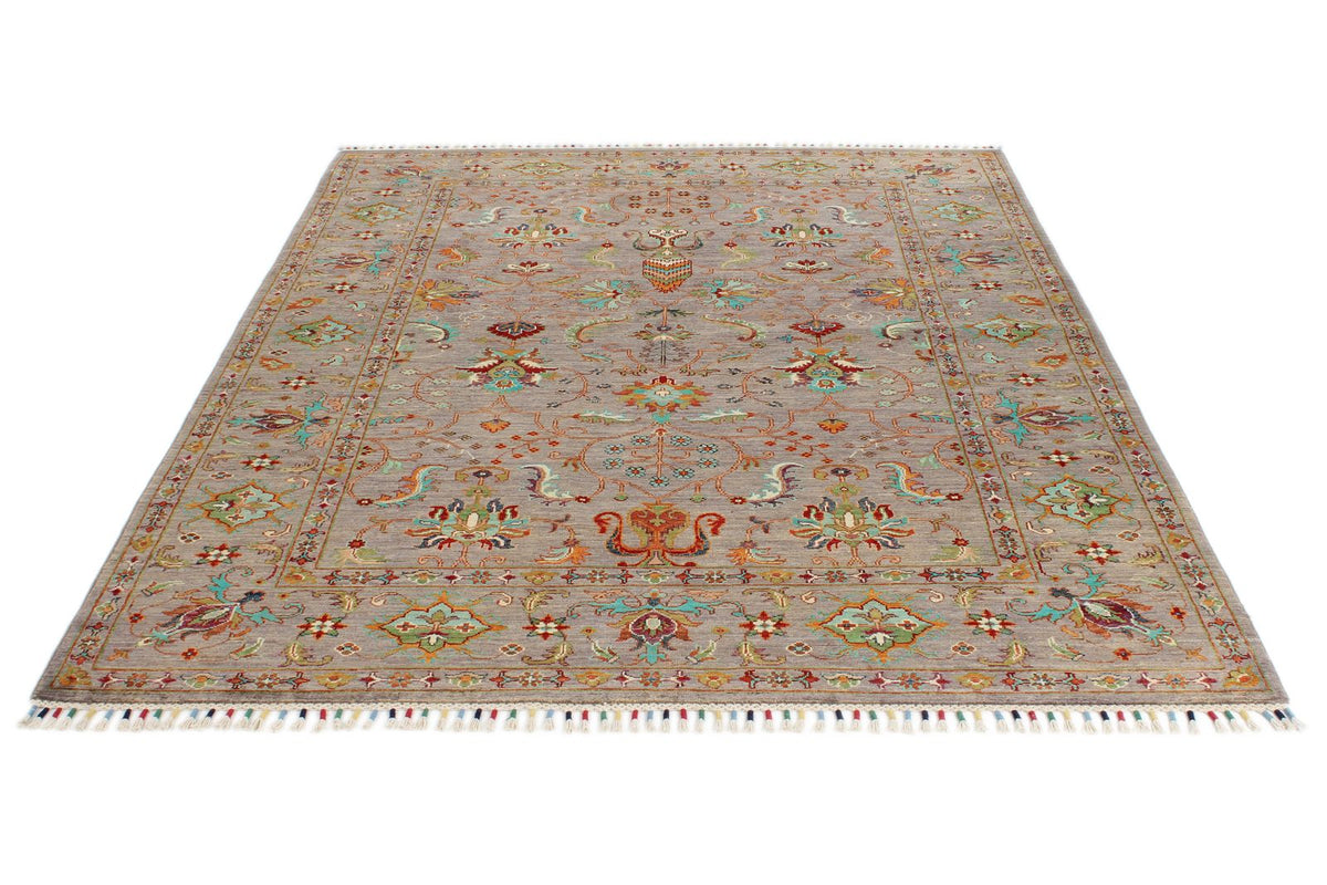 6x8 Light Brown and Multicolor Turkish Tribal Rug