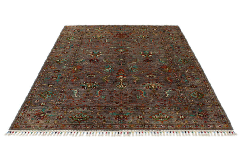 6x8 Light Brown and Multicolor Turkish Tribal Rug