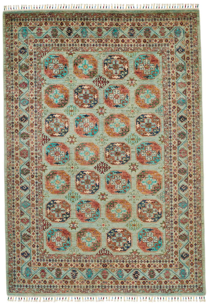 6x8 Light Blue and Multicolor Turkish Tribal Rug