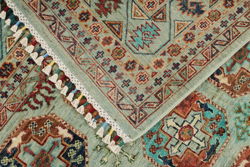 6x8 Light Blue and Multicolor Turkish Tribal Rug